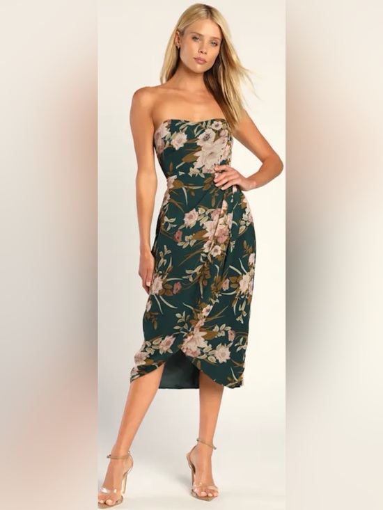 Lulus Dresses & Skirts - Green and Blush Floral Strapless Sweetheart Tulip Midi Dress. Size L